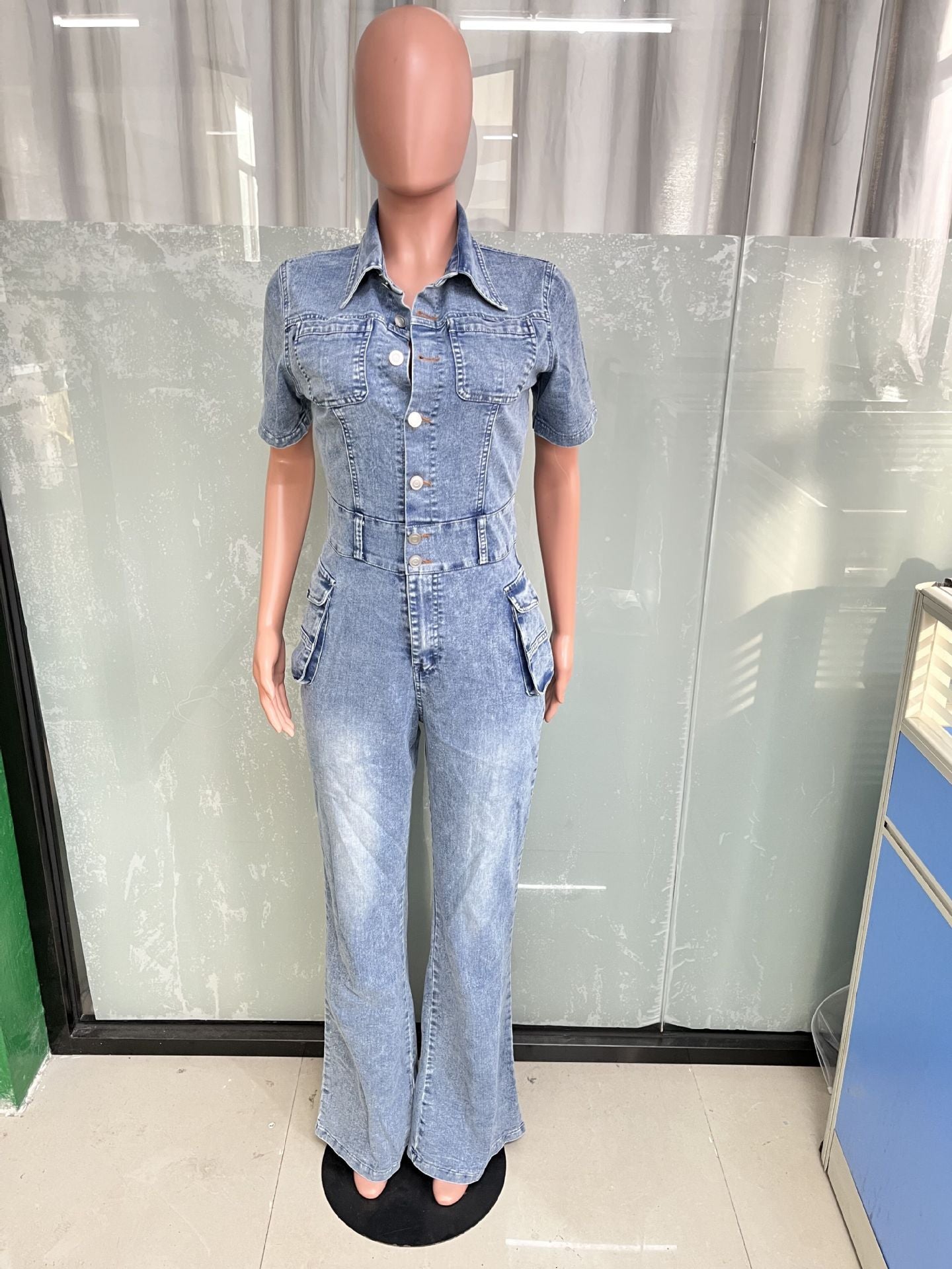 Women Stretch Wash Denim Bell Bottom Jumpsuit 8