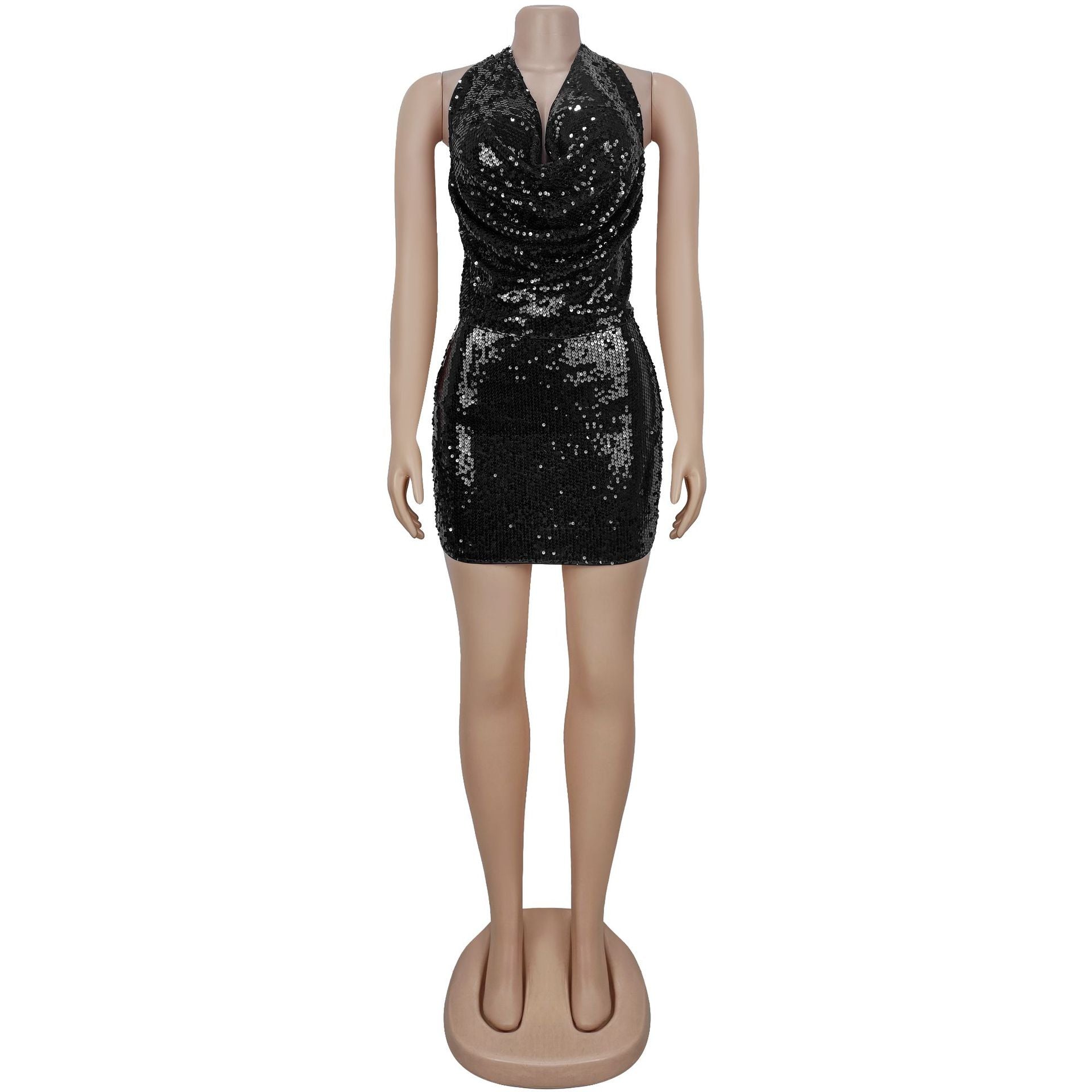 Fashion Women's Sexy Low Back Sequin Top Short Skirt Two-Piece Set 10