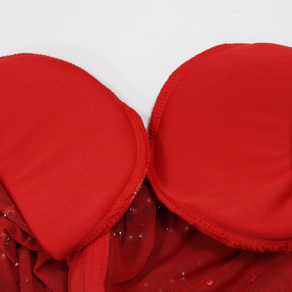 Fashionable Round Neck Mesh sequined long-sleeved top high slit skirt two-piece set for women 15