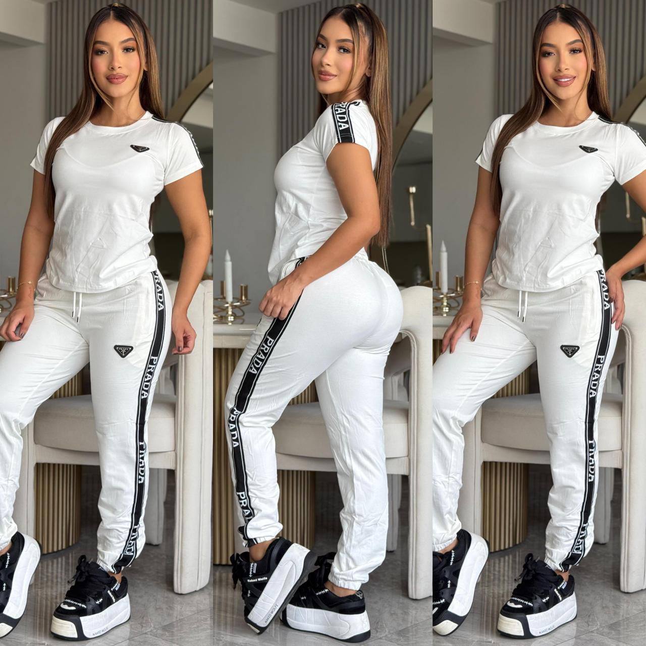 Women's Summer/Autumn Short-Sleeve Fashion Casual Slim-Fit T-shirt Pants Two-Piece Set 3
