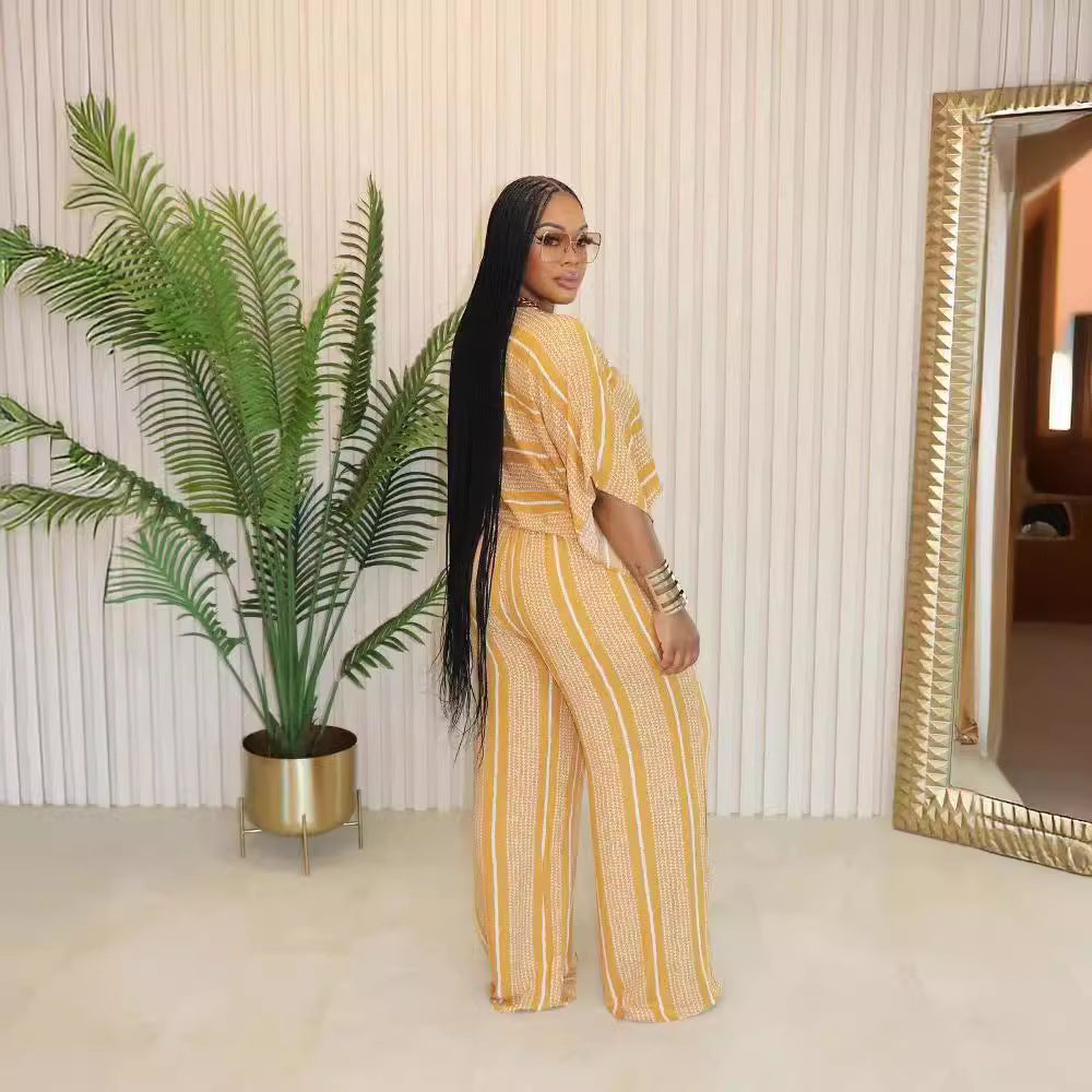 Women summer V neck print Top and Pants Casual two-piece set 3