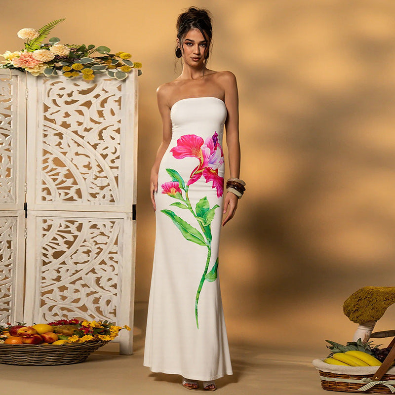 Holiday Style Flower Print Contrast Color Low Back Strapless Long Dress 6