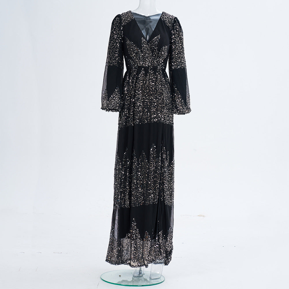 Long Sleeve V Neck Sexy Sequin Formal Party Evening Dress Bridesmaid Dress 8