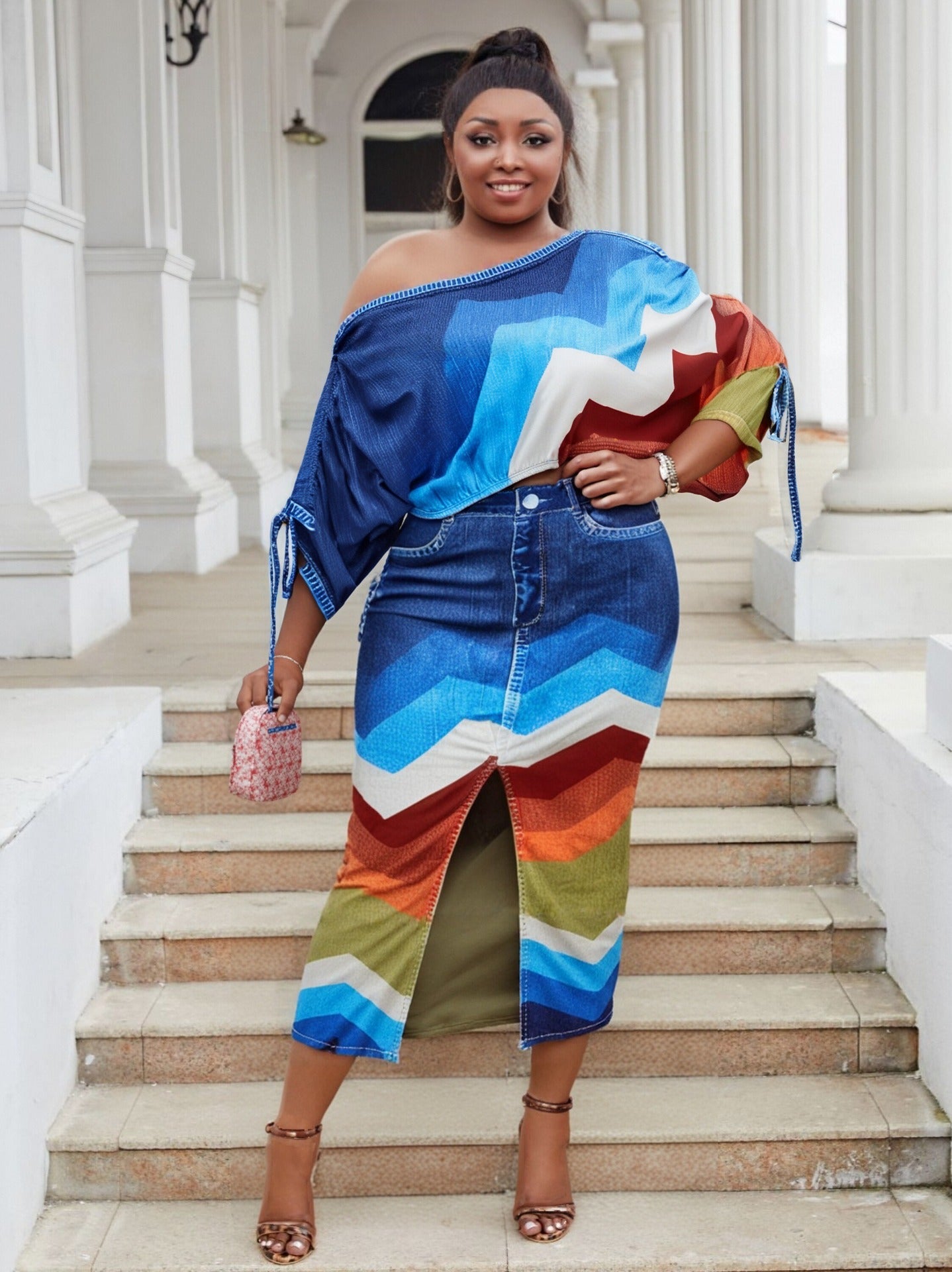 Plus Size Off Shoulder Printed Bat Sleeves Top Split Long Skirt Two Piece Set 6