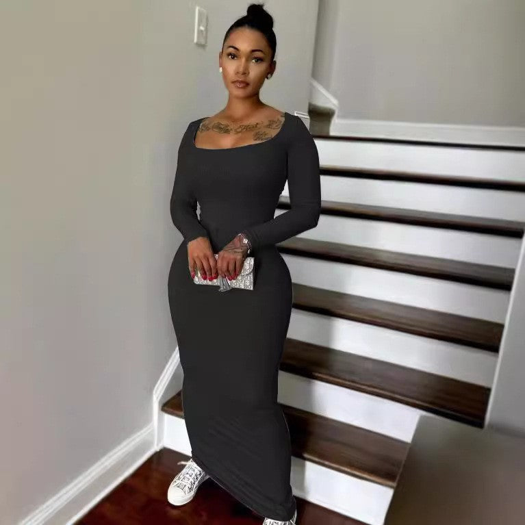 Women's Fashion Square Collar Solid Color Long Sleeve Ribbed Long Dress