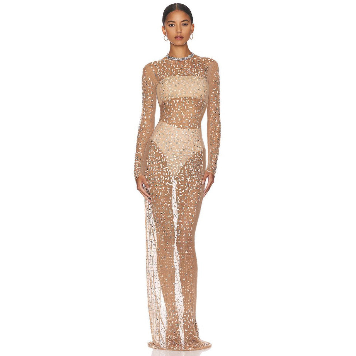 sexy rhinestone see through mesh long sleeve nightclub dress 11