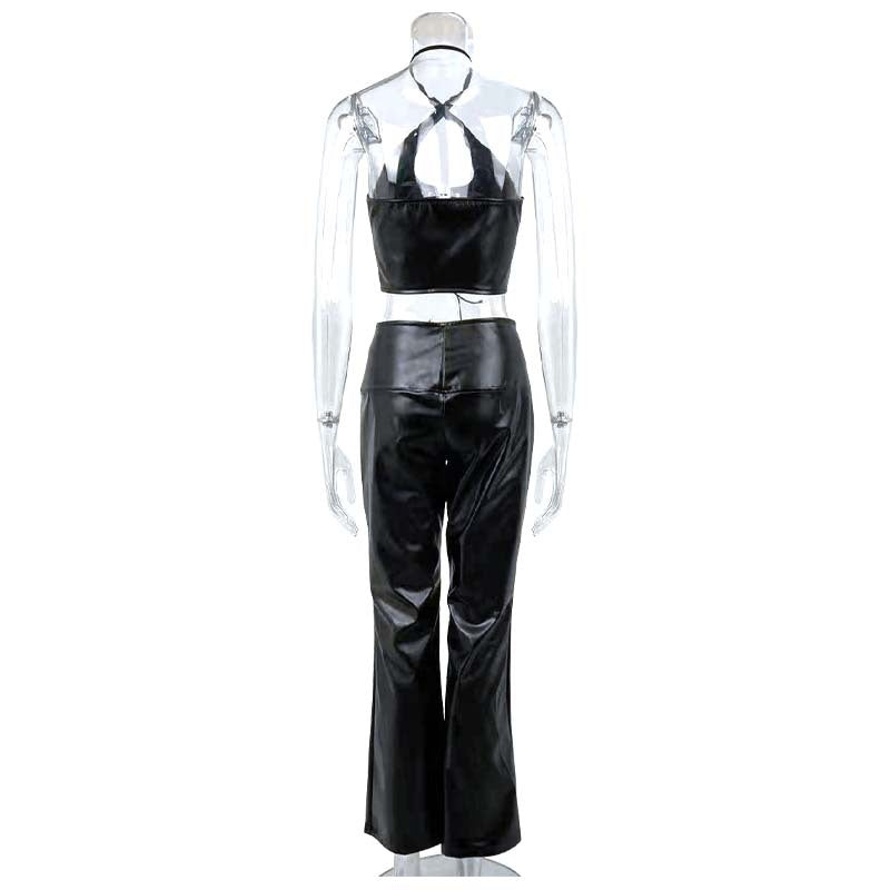 Women Sexy Halter Neck Lace-Up Top and Pu-Leather Pants Two-Piece Set 11