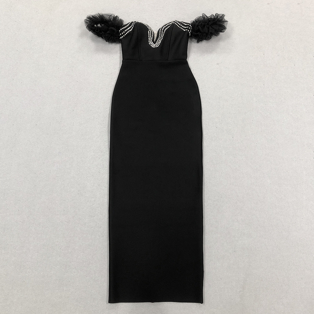 Women jacquard backless wrapped chest v-neck Beaded Maxi dress 9