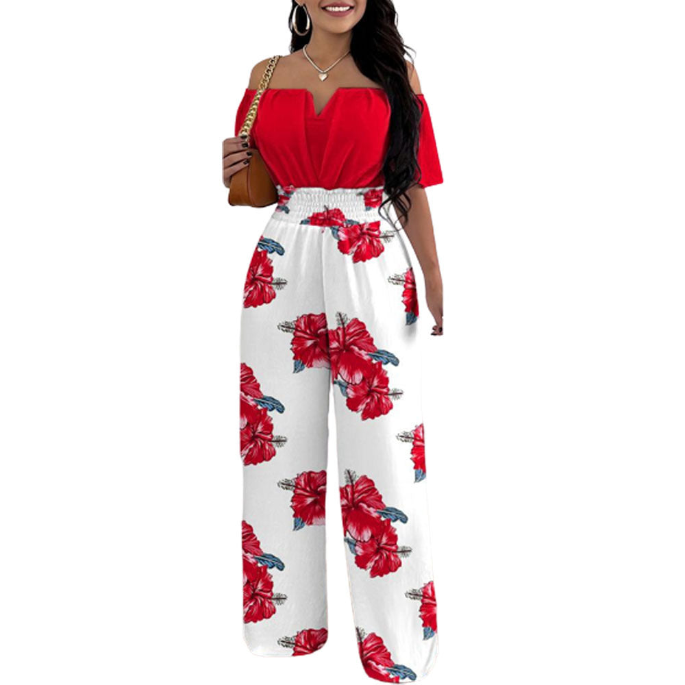 Women Off Shoulder V Neck Loose Straight Jumpsuit 23