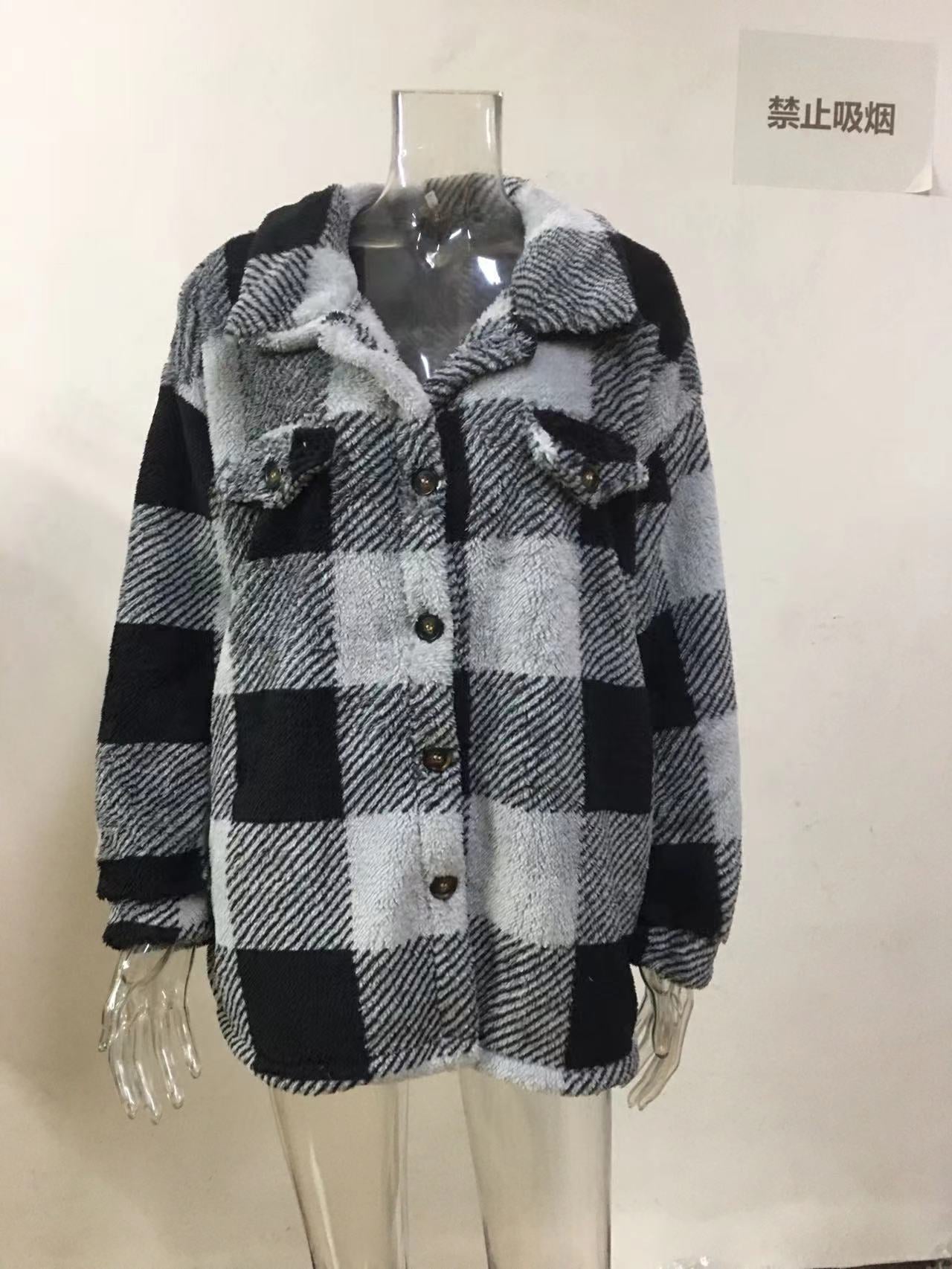 Women Autumn and Winter Pocket Plaid Sherpa Jacket Button Plush Jacket 27
