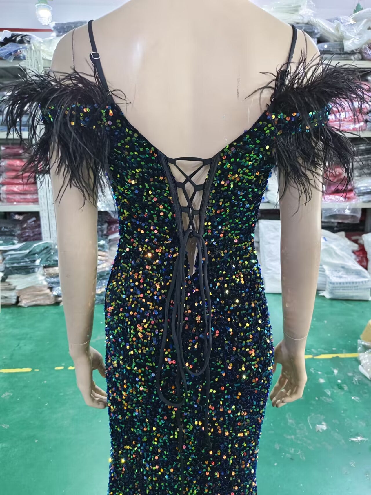 Women Herringbone ostrich velvet sequined mermaid evening dress 33