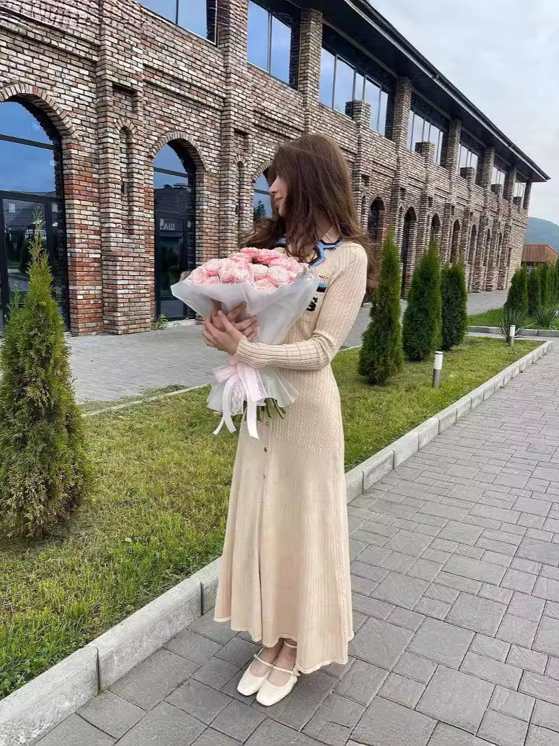 Female Long Sleeve Turndown Collar Slim Fit Chic Long Dress