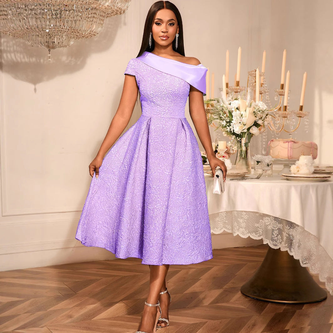 Women African Contrast Slash Shoulder Formal Party Dinner Dress 3