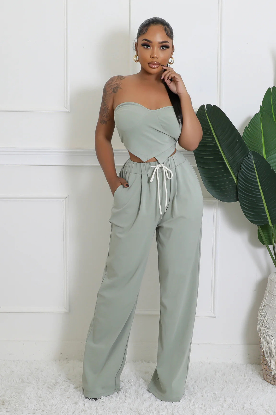 Women heart-shaped Strapless Top and Casual trousers two-piece set 4