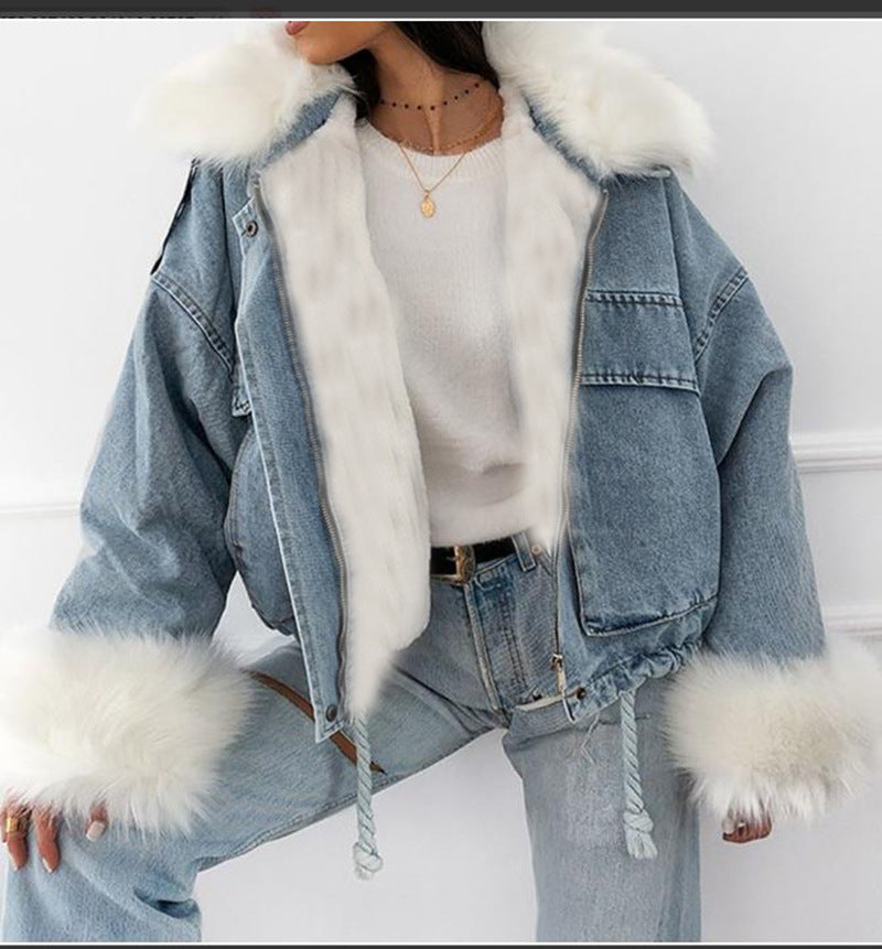 Fashion Denim Cropped Fur Jacket 5