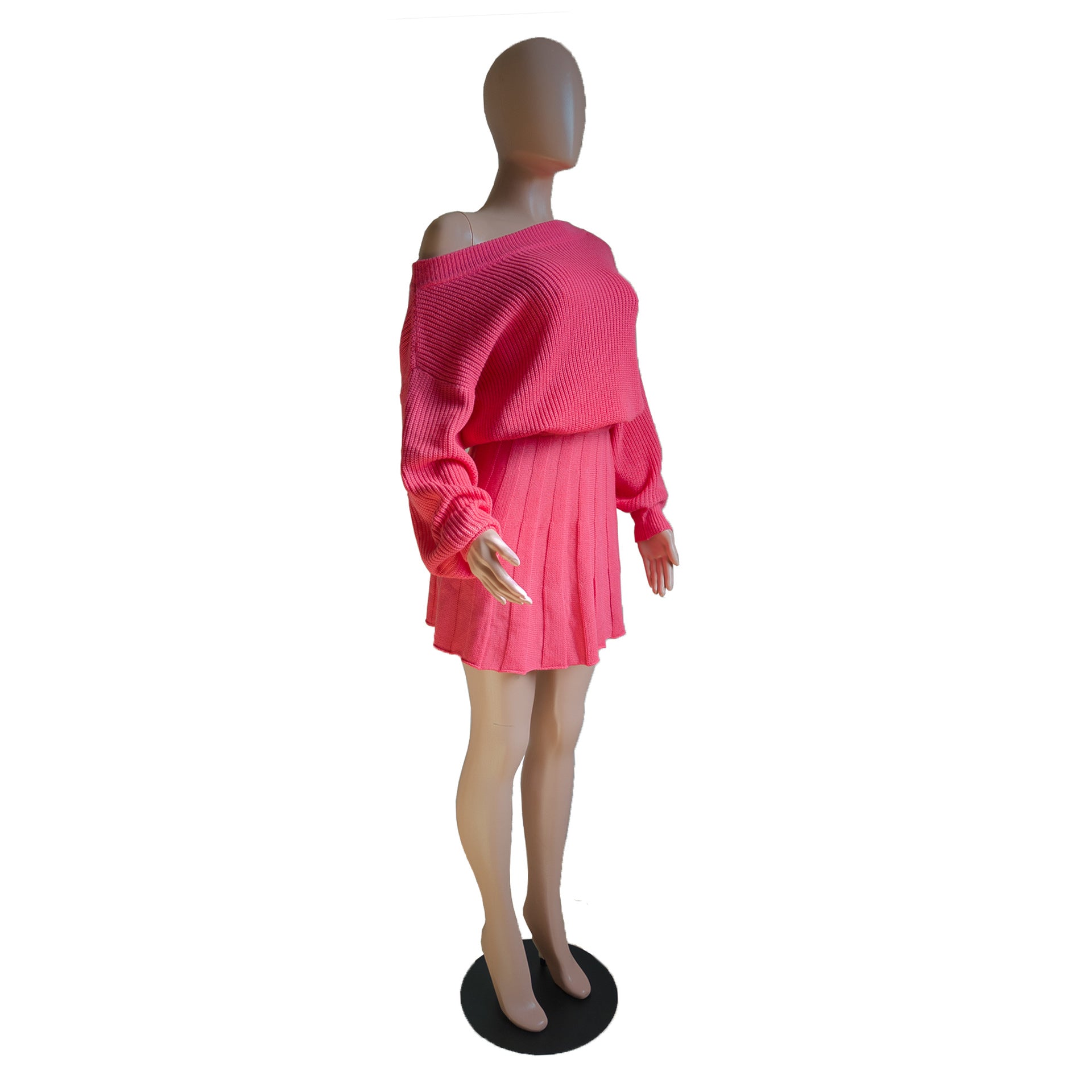 Women Fall Winter Casual Off Shoulder Solid Top and Pleated Skirt Two Piece Set 10