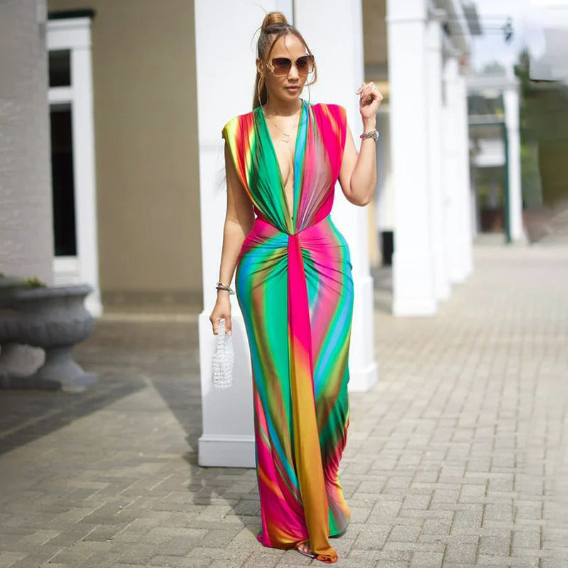 Fashion Women's Sleeveless Printed Sexy Deep V Slim Dress 3