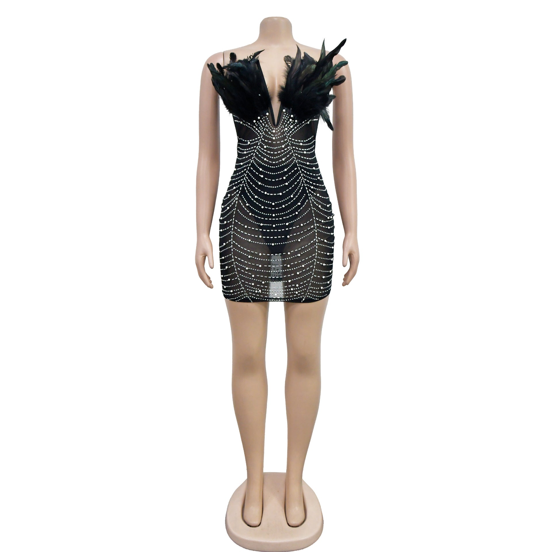 Fashion Women's Solid Color Mesh Beaded Feather Dress 19