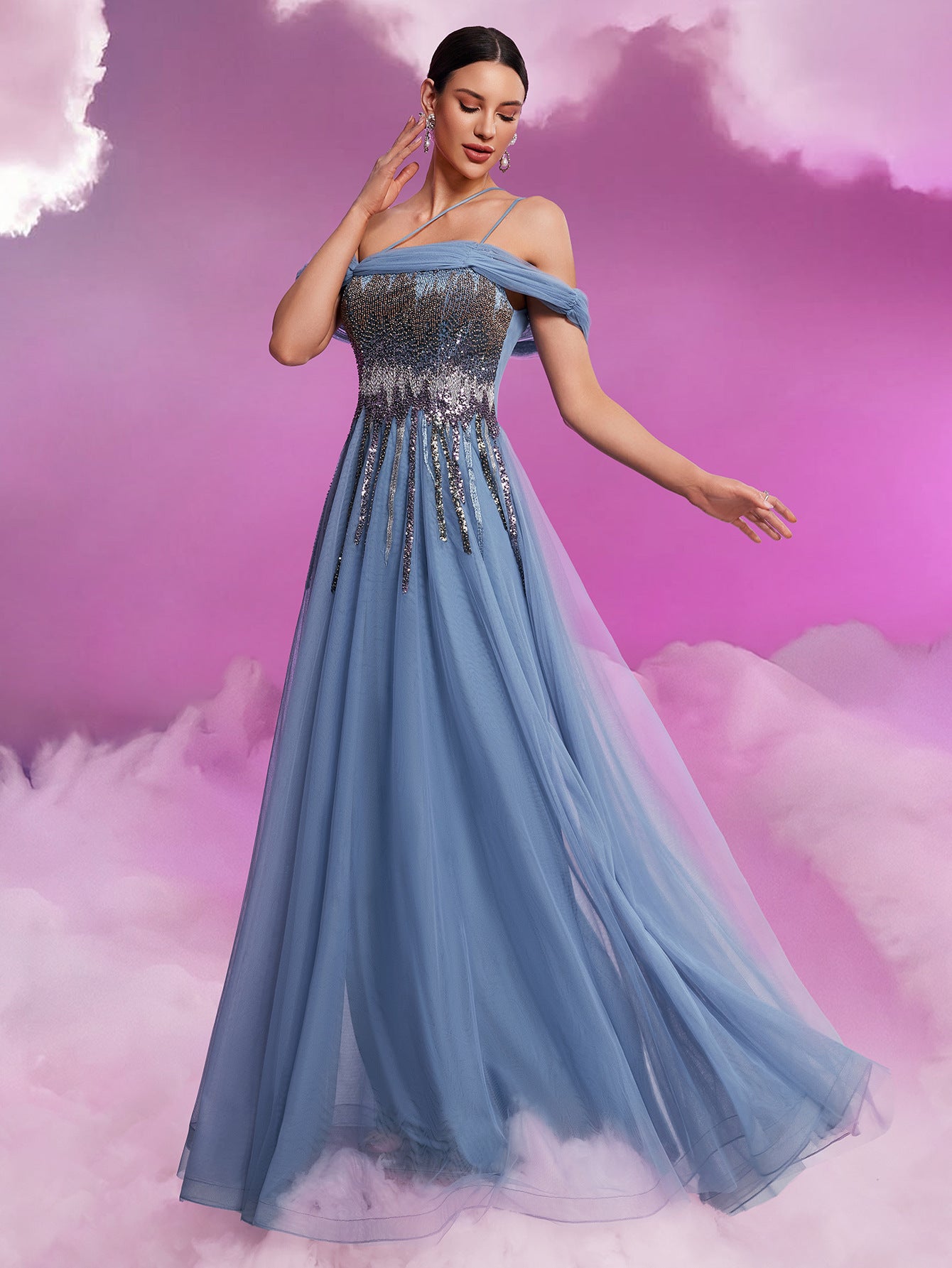 Women's Elegant Sequin Mesh Off Shoulder Chic A-Line Floor Length Cocktail Formal Evening Dress 7