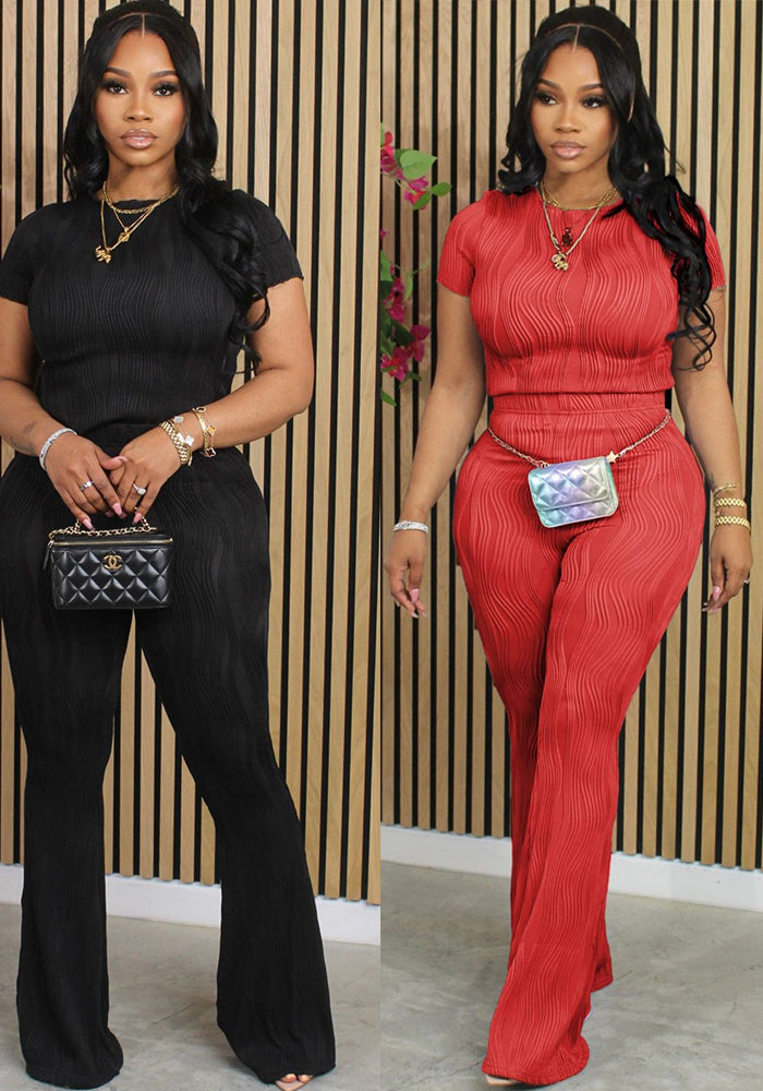 Women Casual Ribbed Summer Short Sleeve Top and Pants Two-Piece Set