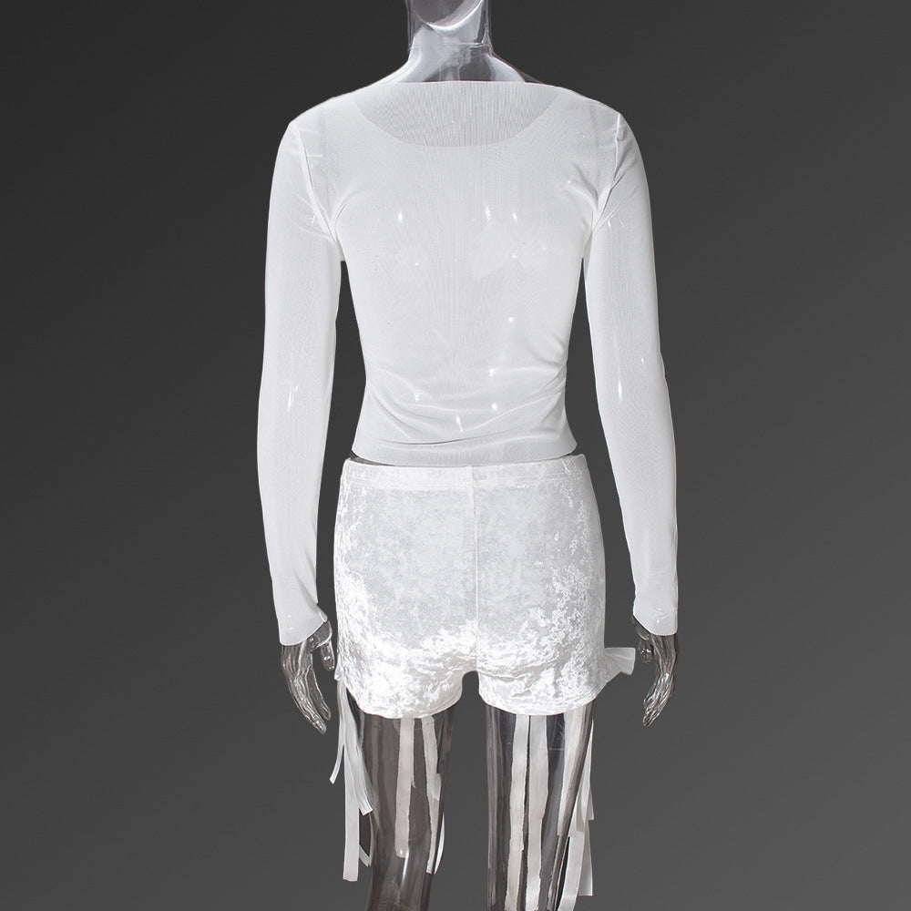 Women Sexy Bow See-Through Top and lace Tassel Shorts Two Piece Set 6