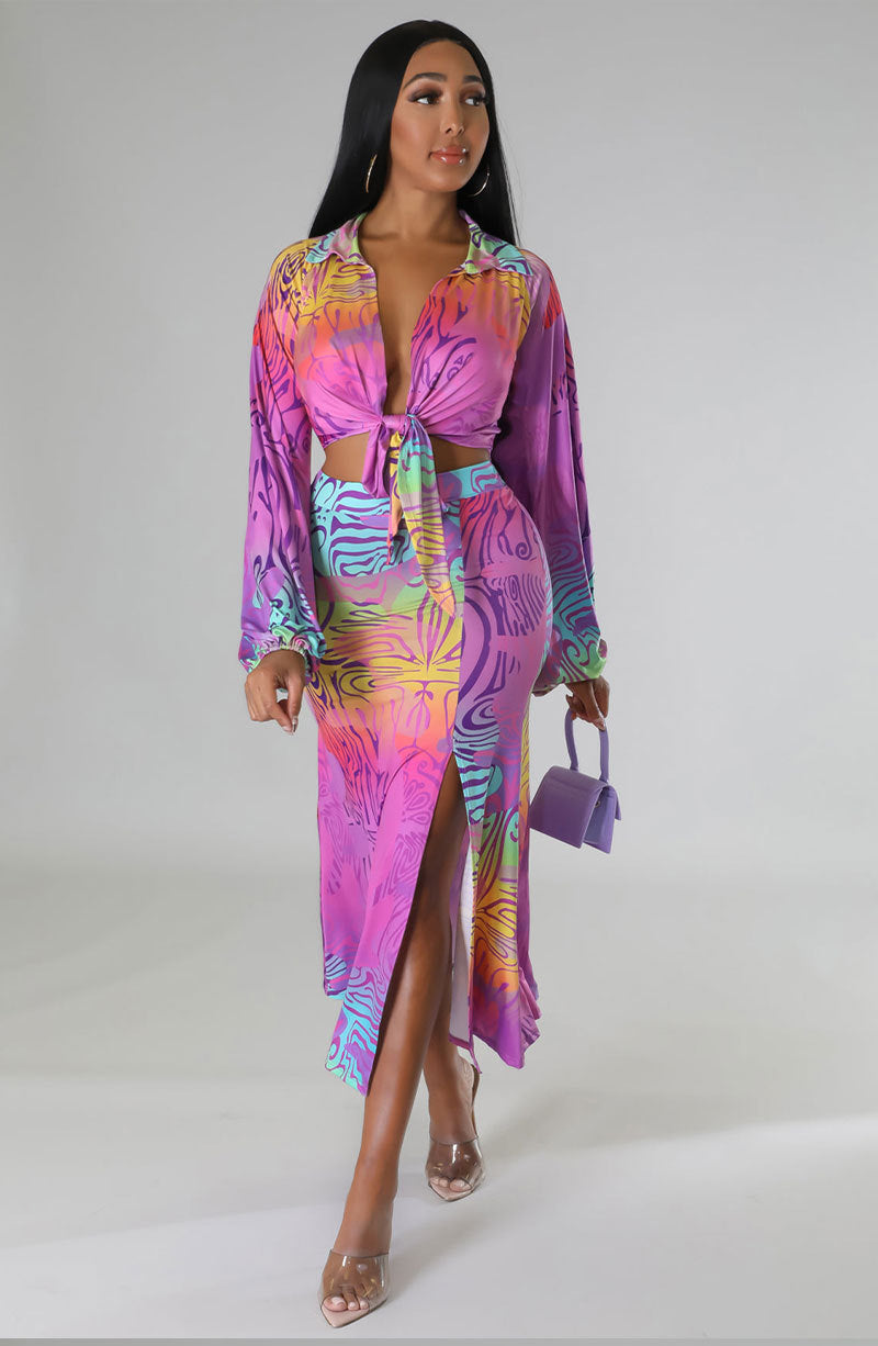 Fashion Spring Casual Print Long Sleeve Two-Piece Women'S Skirt Set