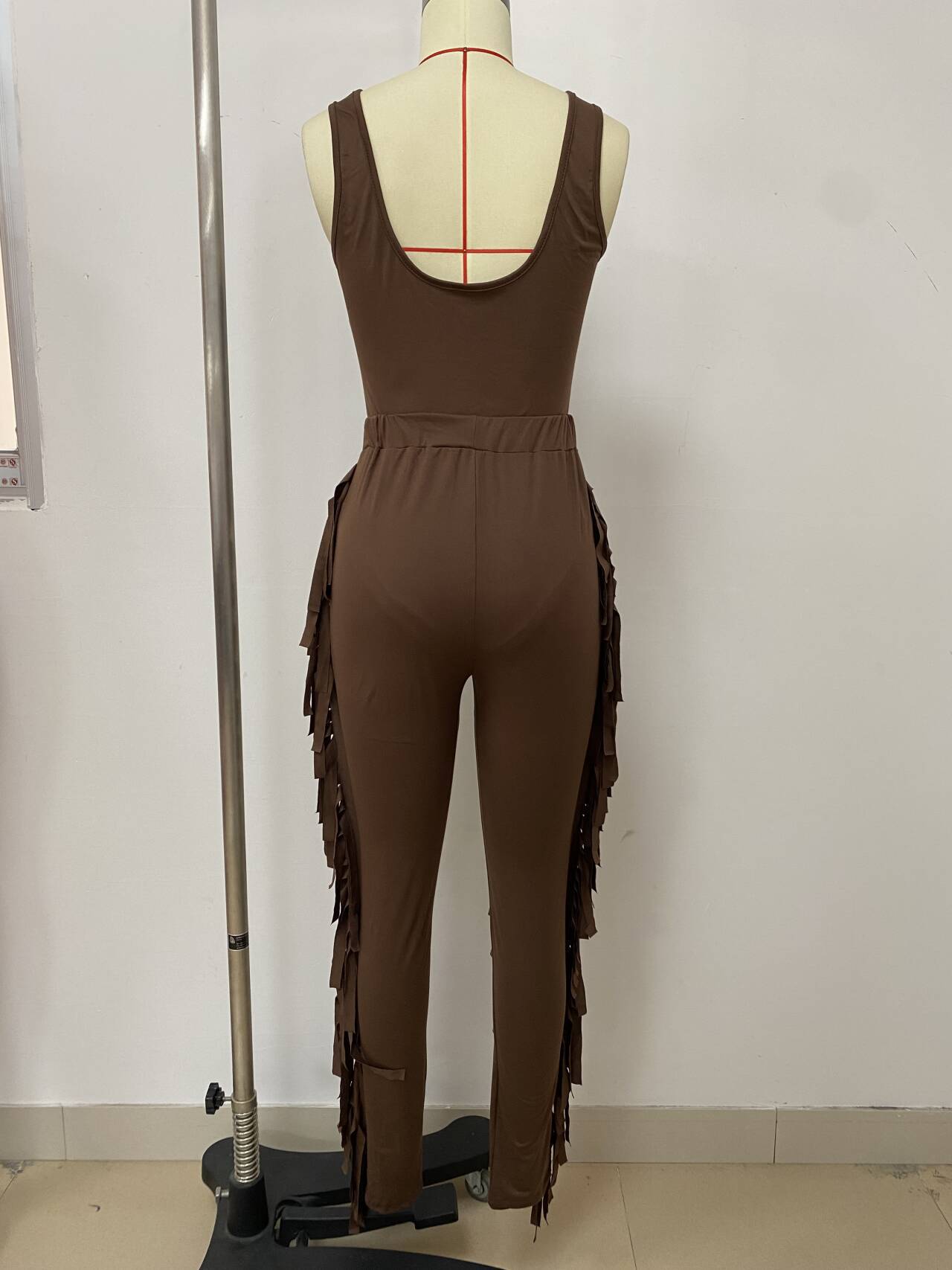 Fashion Sleeveless Bodysuit Cut Tassel and Tight Pants Set for Women 6