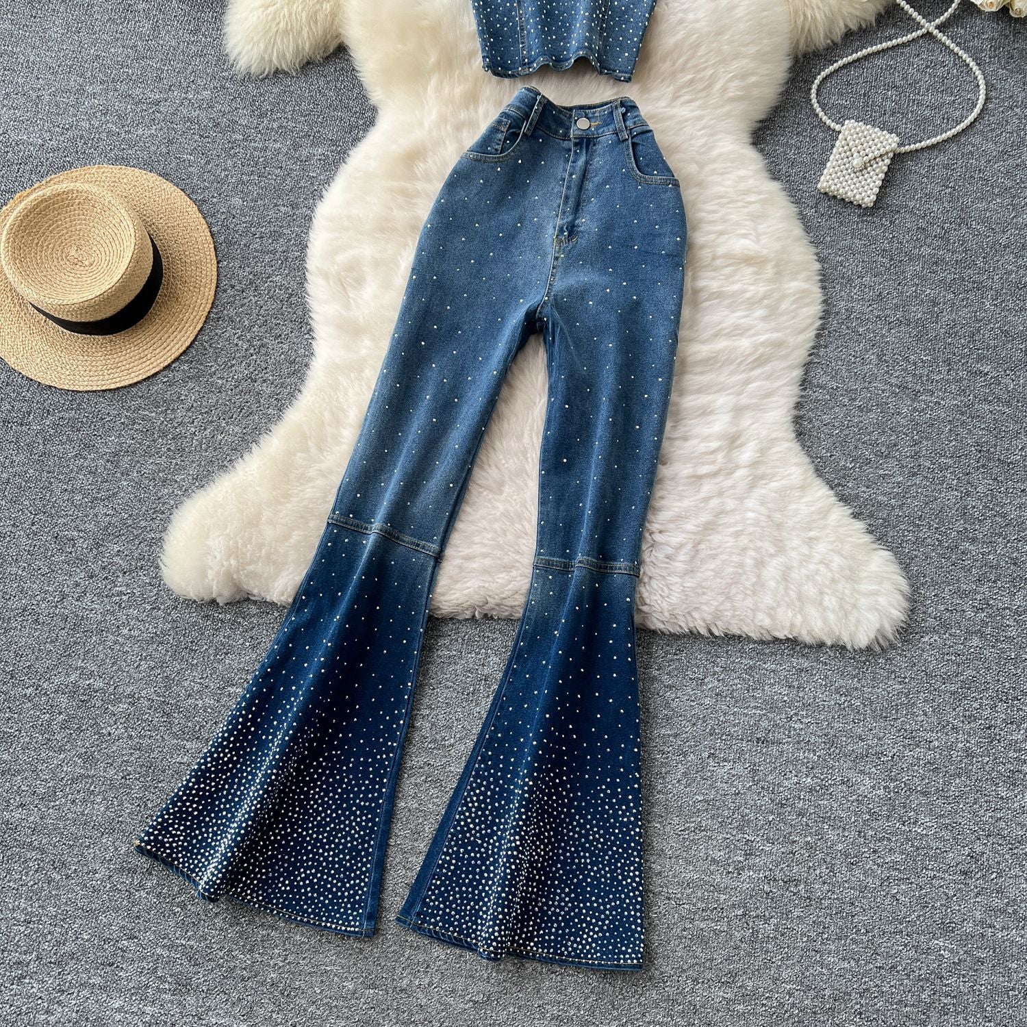 Fashion Beaded Denim summer Strapless Vest High Waist Denim Bell Bottom Trousers Two Piece Set for Women 11