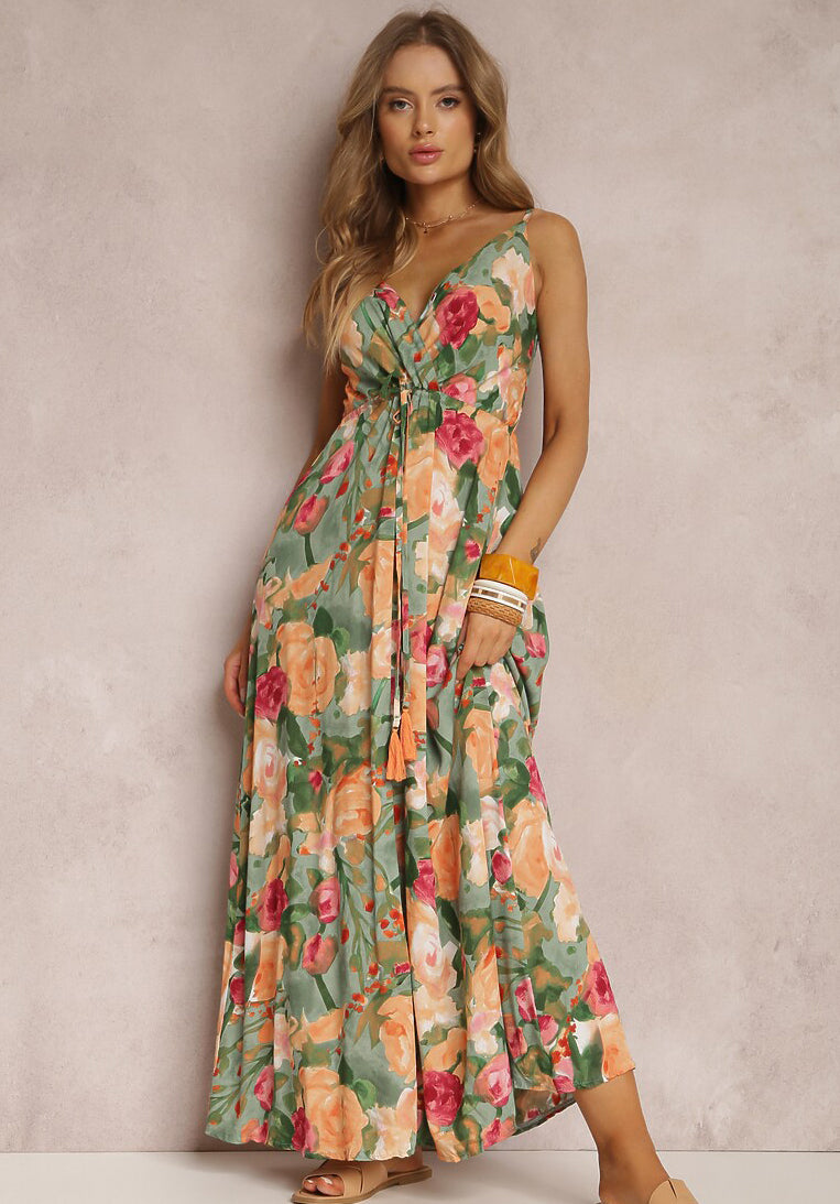 Spring Summer Women's Fashion Printed Sexy Strap Deep V Neck Low Back Long Dress 13