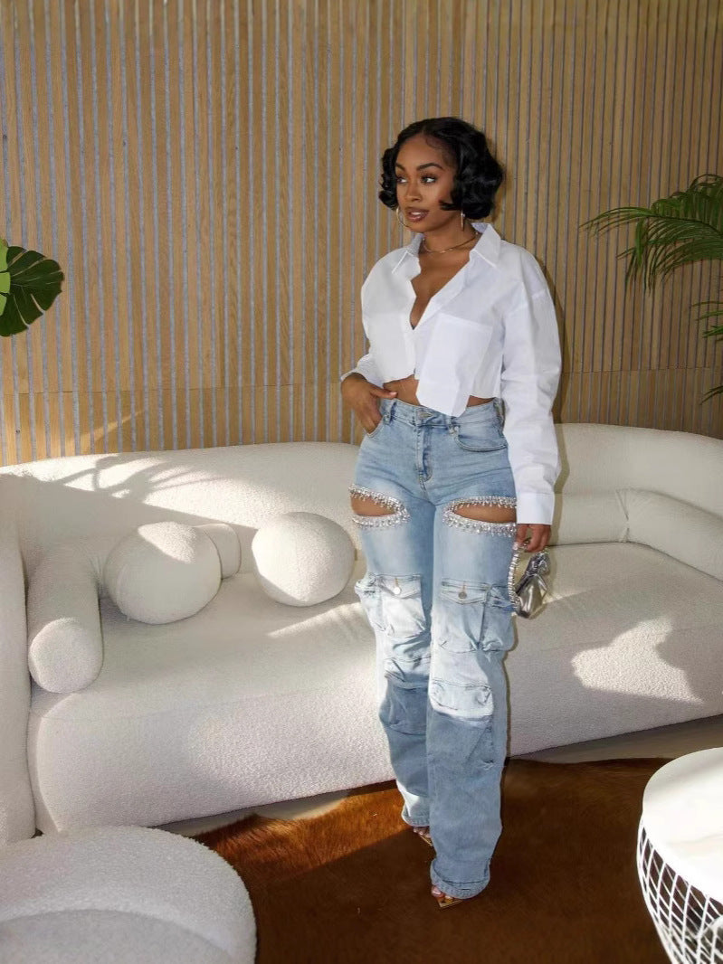 Fashionable Women's Multi-Pocket Cut Out Diamond Denim Pants 6