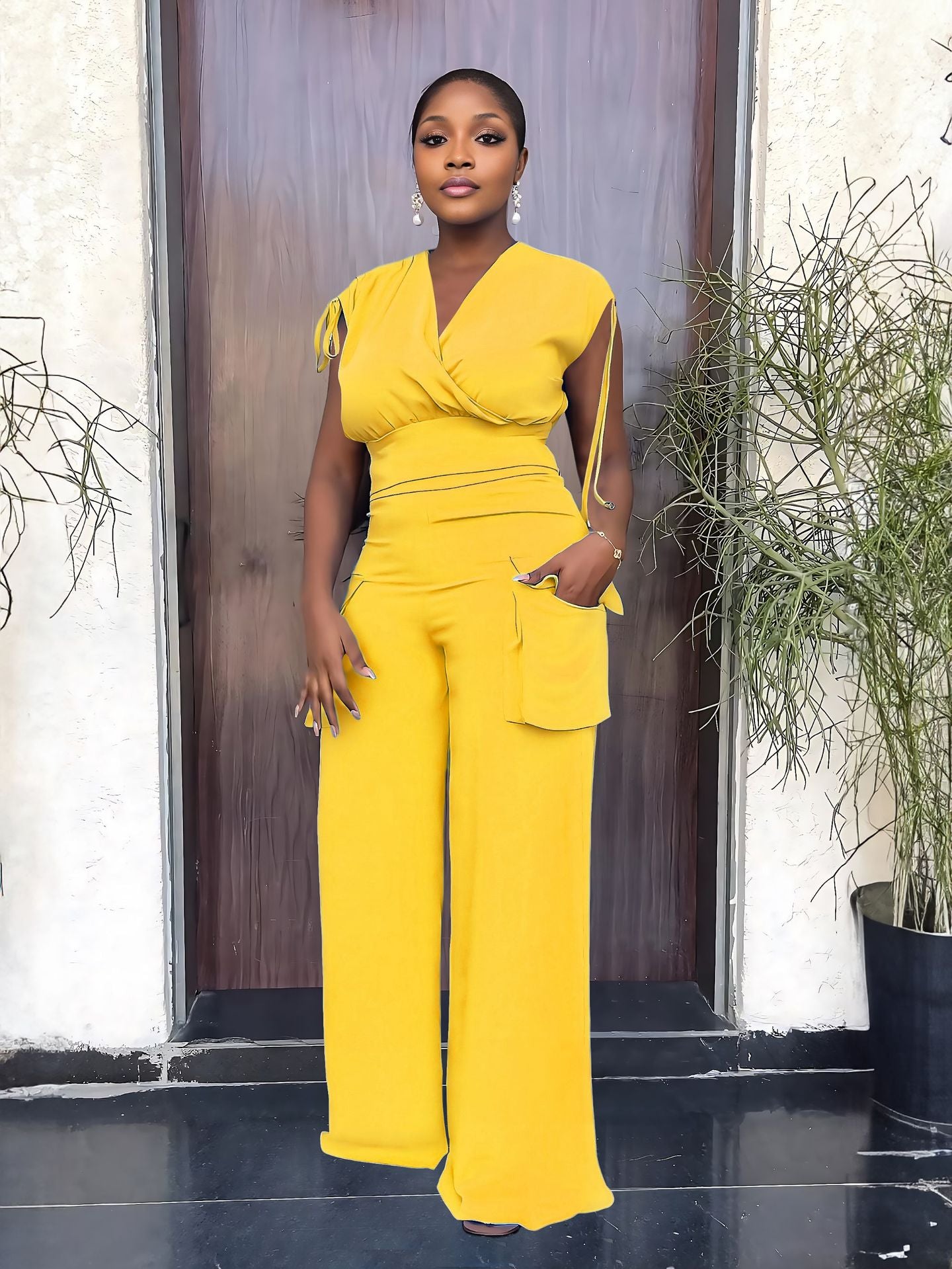 Drawstring Sleeveless Tank Top Chic High Waisted Women's Loose Straight Leg Two-Piece Set 4