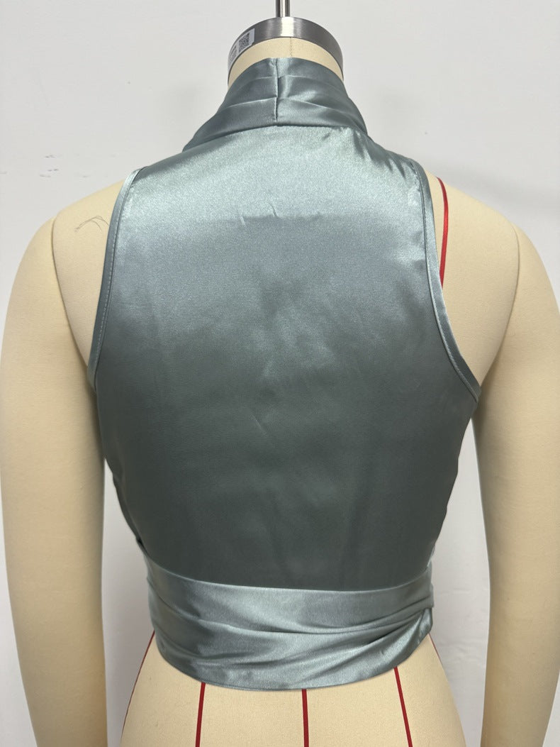 Women satin spring and summer Halter neck Sexy Lace-up Sleeveless Top 8