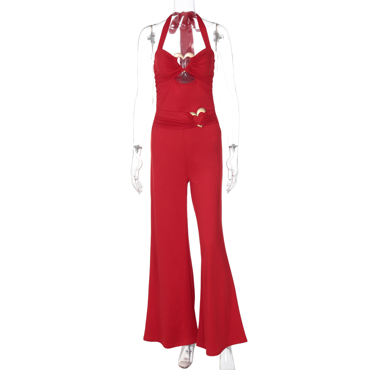 Women Summer Sexy Metal Button Hollow Sexy Backless Halter Neck Jumpsuit 9
