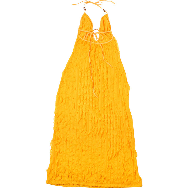 Women Summer Sexy Halter Neck Pleated V Neck Backless Lace-Up Dress 8