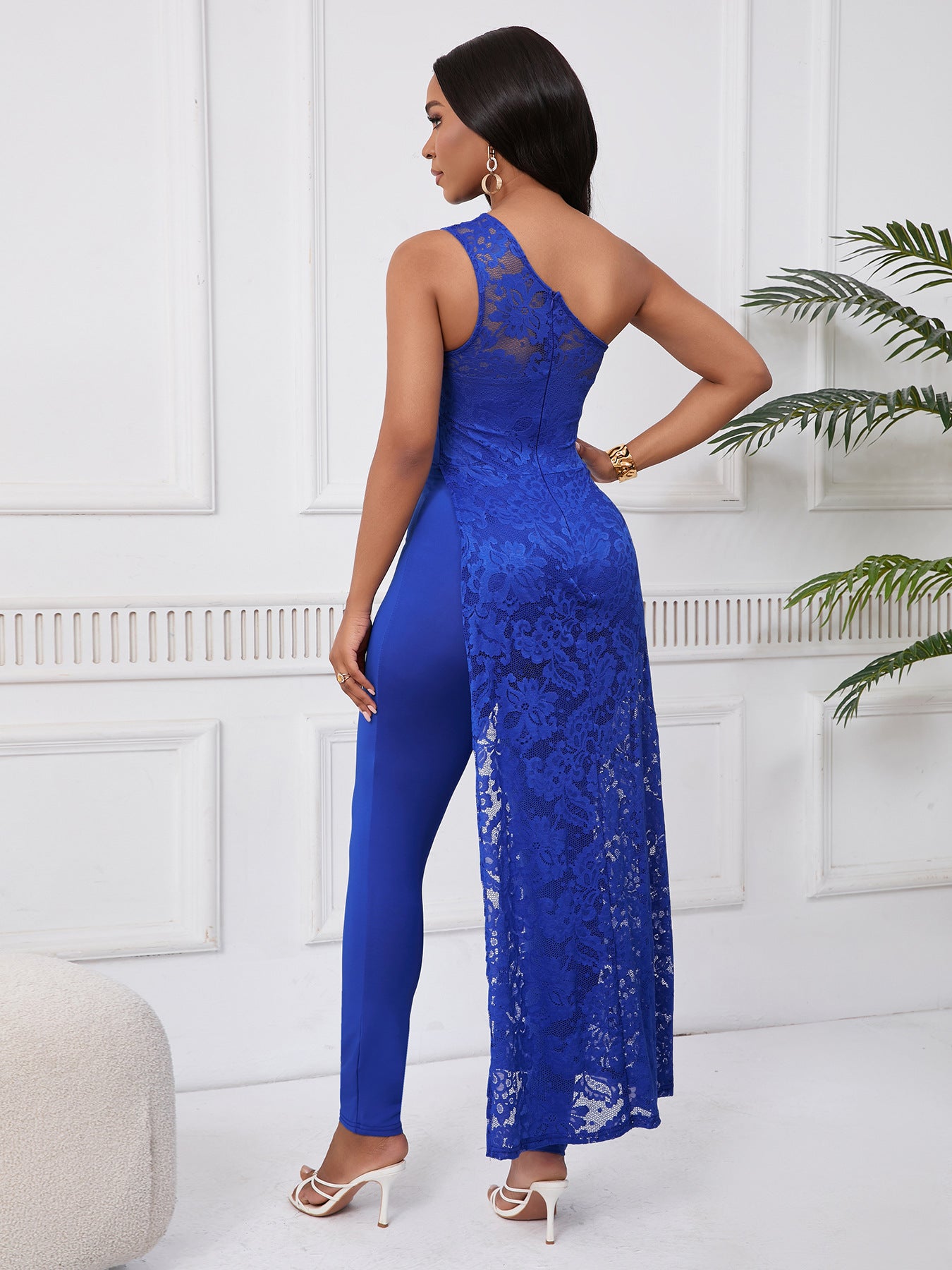 Women Elegant One Shoulder Contrast Color Lace Jumpsuit