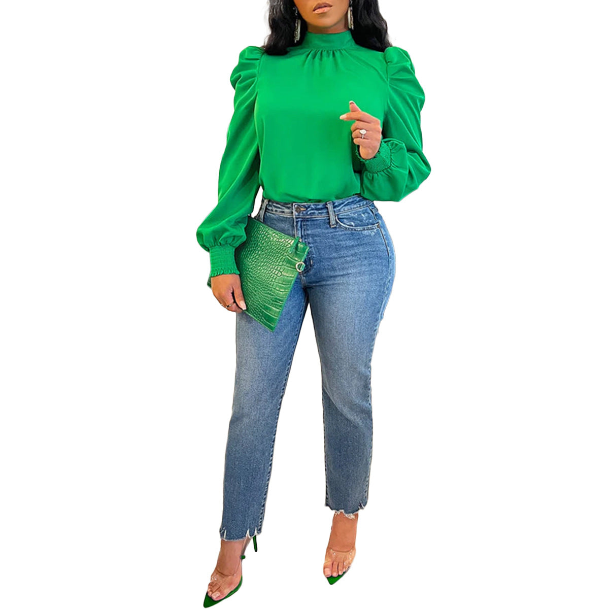 Women Solid Stand Collar Puffed Sleeve Top 3