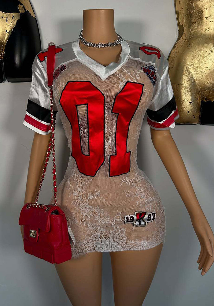 Women Sexy Lace See-Through Embroidered Letter Short-Sleeved V-Neck Dress