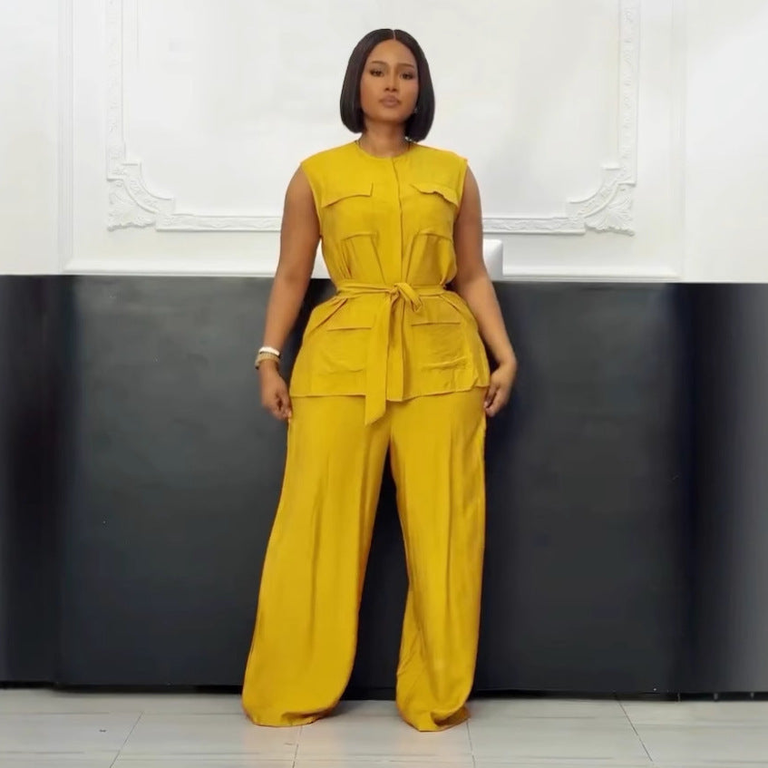 Career Casual Round Neck Lace-Up Sleeveless Vest & Wide-Leg Pants Set 4