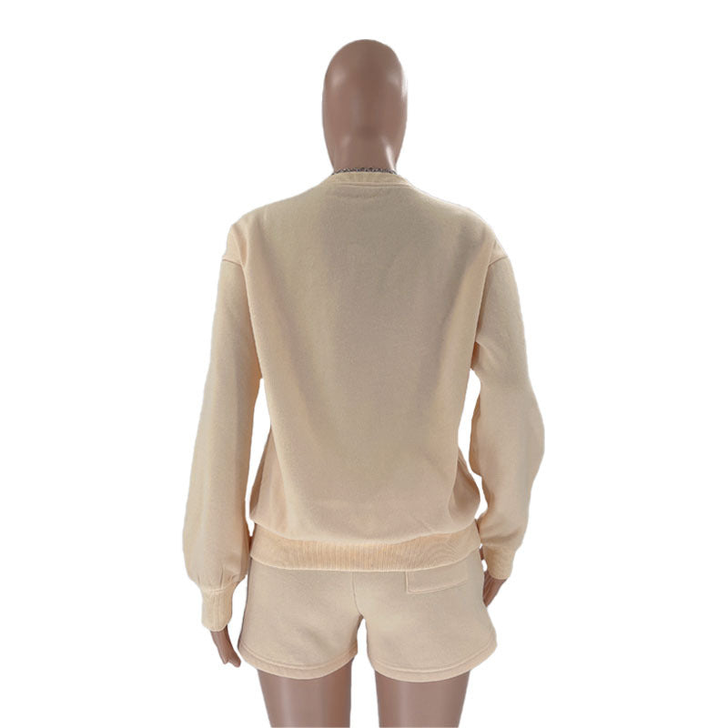 Fall Winter Solid Color Round Neck Pullover Long Sleeve Hoodies Women's Fashion Casual Shorts Two Piece Set 26