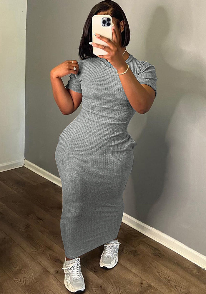 Summer Women's Fashion Round Neck Solid Rib Short Sleeve Sexy Slim Long Dress