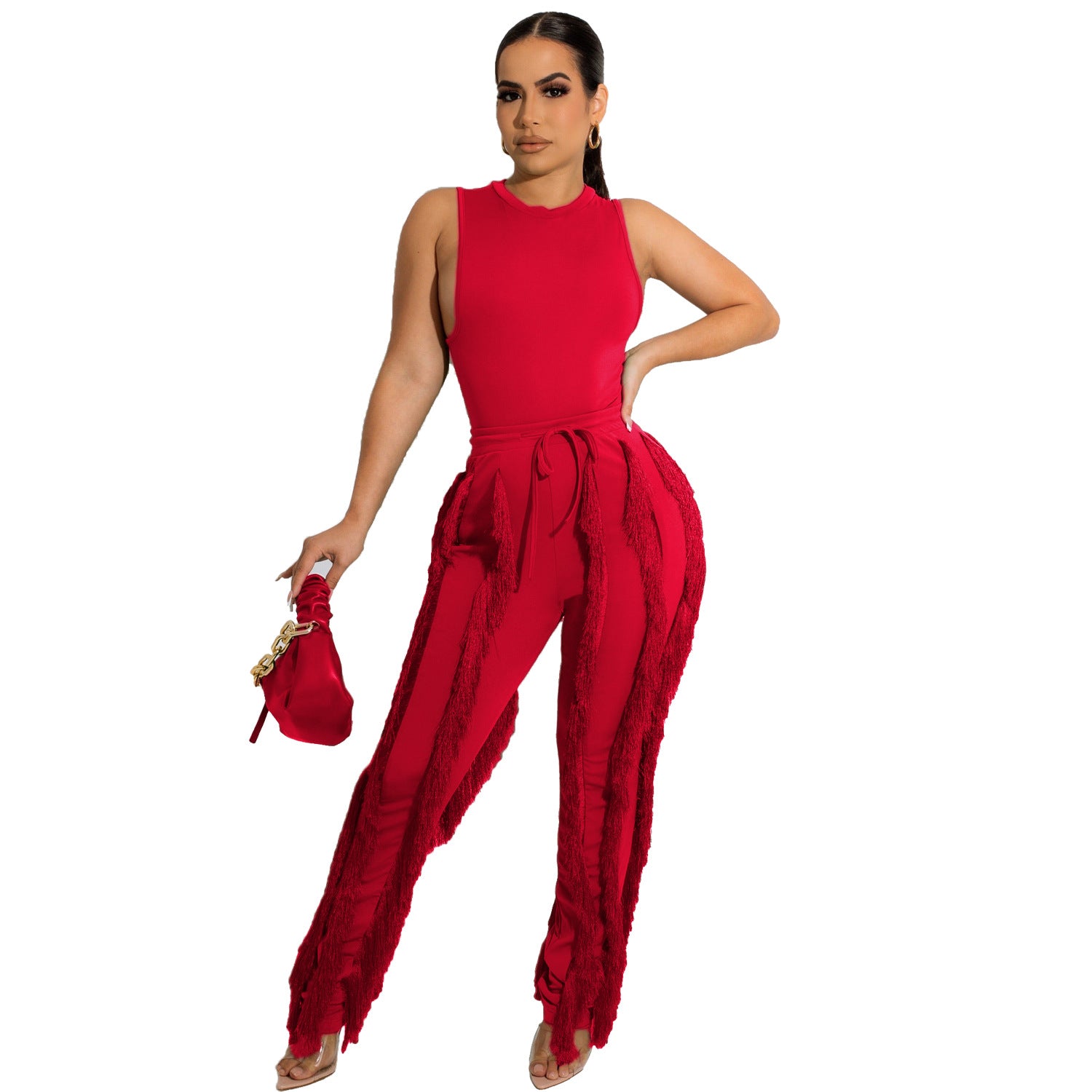 Women's Two Piece Tassel Pants Sleeveless Casual Two Piece Set 12