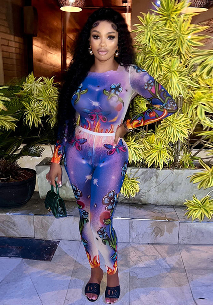 Women's Autumn Fashion Printed Sexy Long Sleeve One-Piece Bodysuit Pants Set