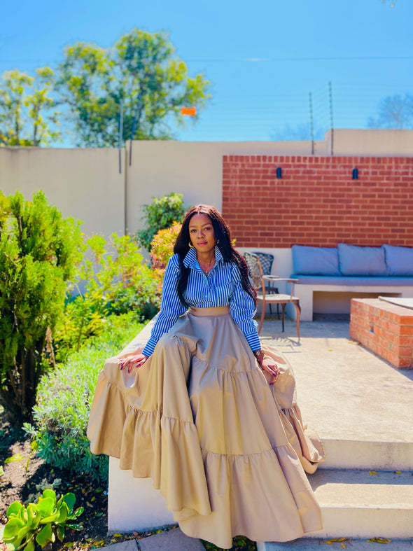 Women Striped Top and Solid Long Skirt Two Piece Set 6