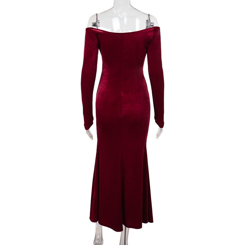 Women Off Shoulder Sexy Slit Velvet Dress 6