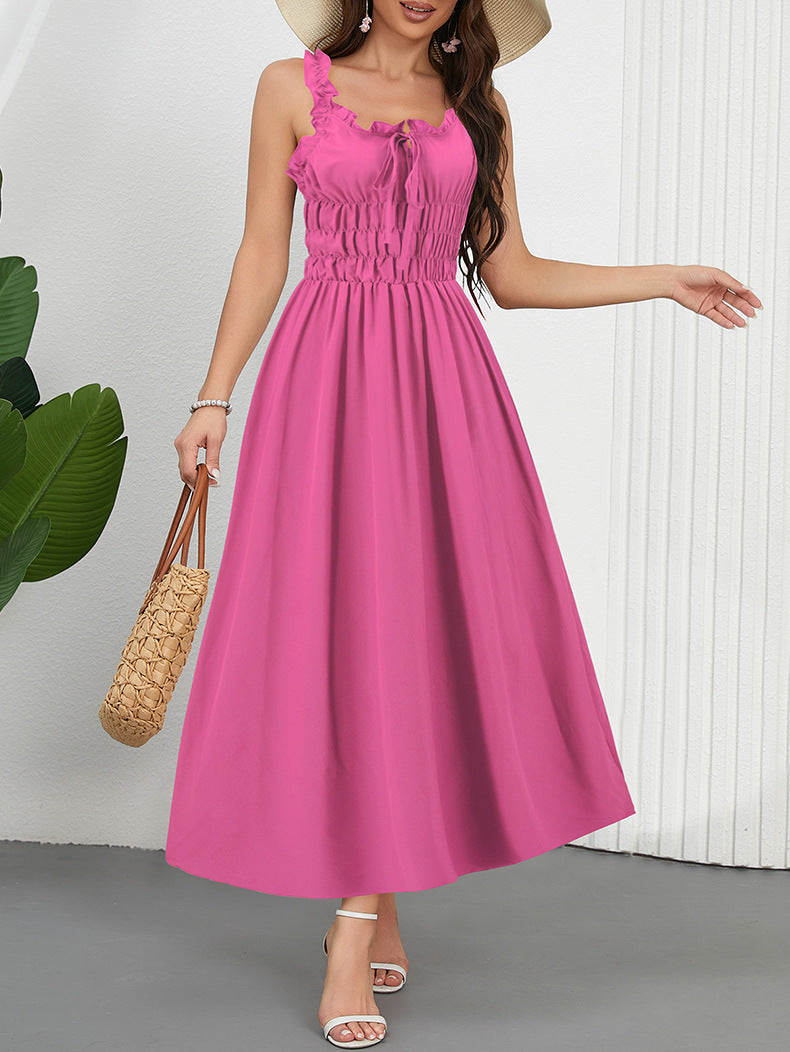 Women Spring And Summer Casual Solid Color Slim Waist Strap Holidays Long Dress 7