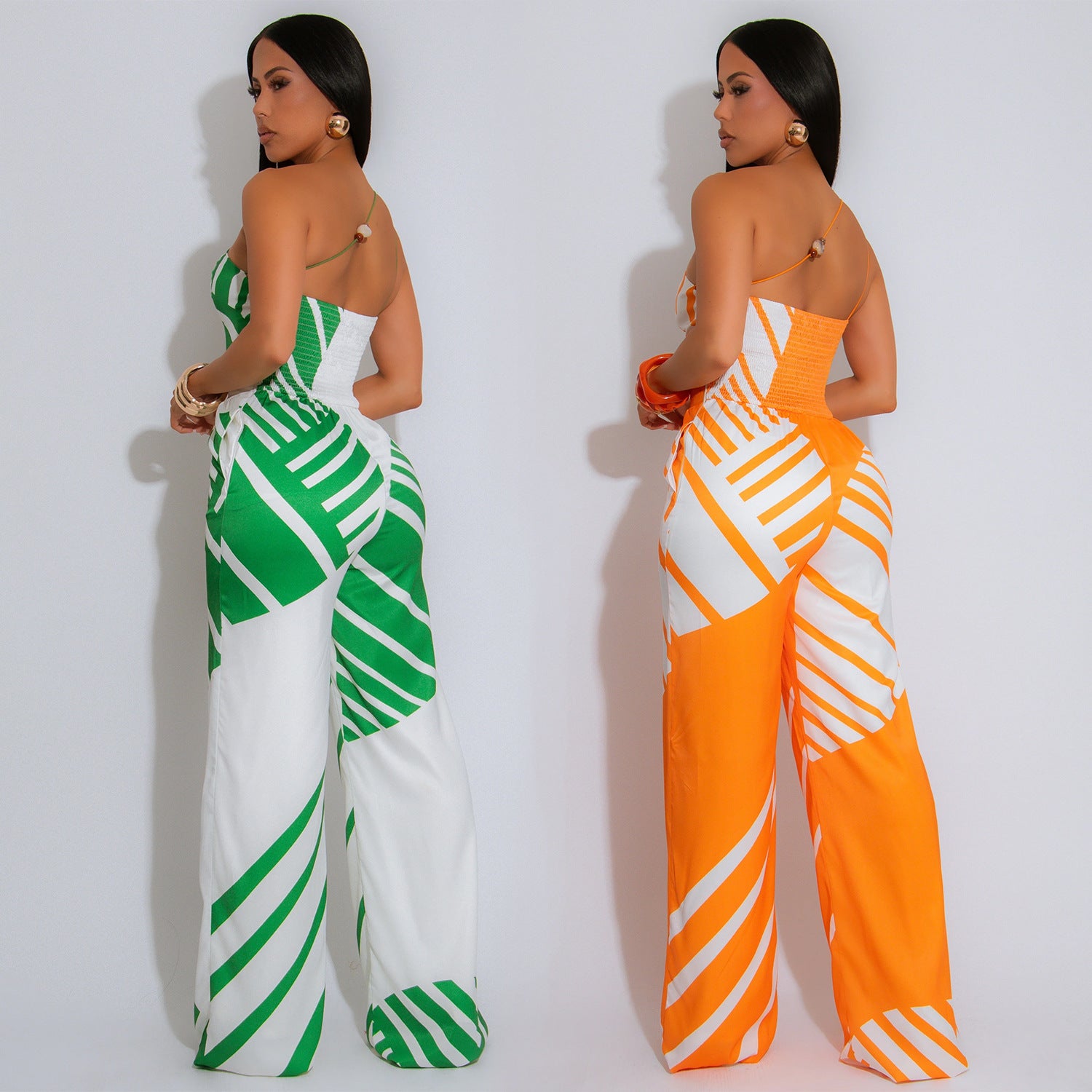 Fashion Women's Summer Casual Low-Back Slash-Shoulder Striped Jumpsuit 4