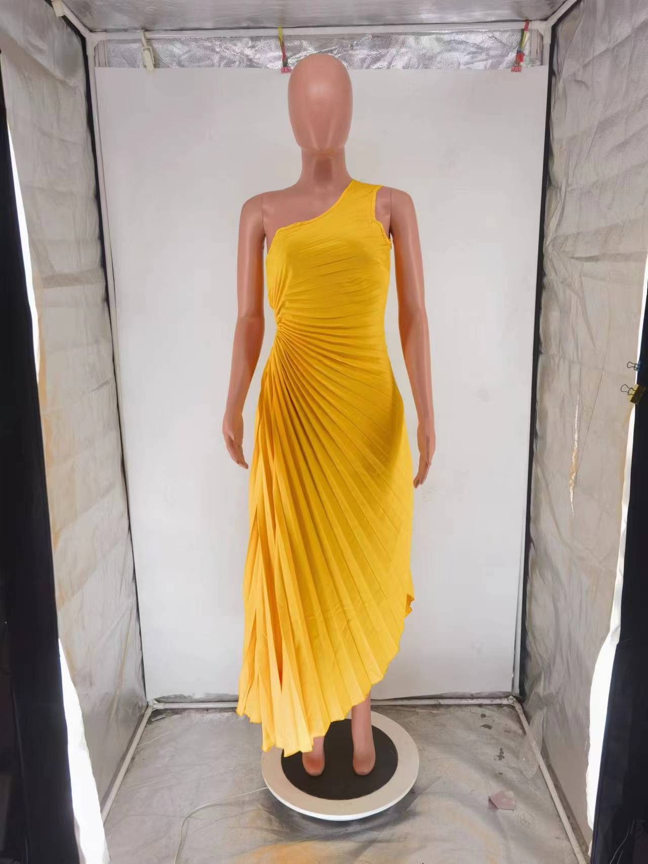 Elegant Slim Fit One Shoulder Cutout Pleated Gown Dress 26