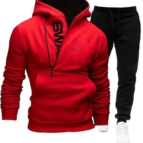 Men's Side Zip Contrast Hood Fleece Hoodies Sweatpants Two Piece Set 12