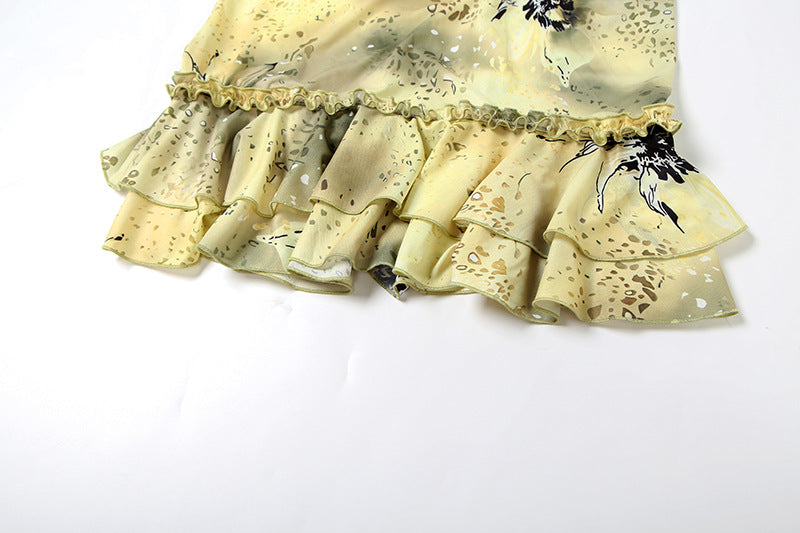 Fashion Women's V-Neck Low-Cut Camisole with Ruffle Edge Floral Print Skirt Set 16