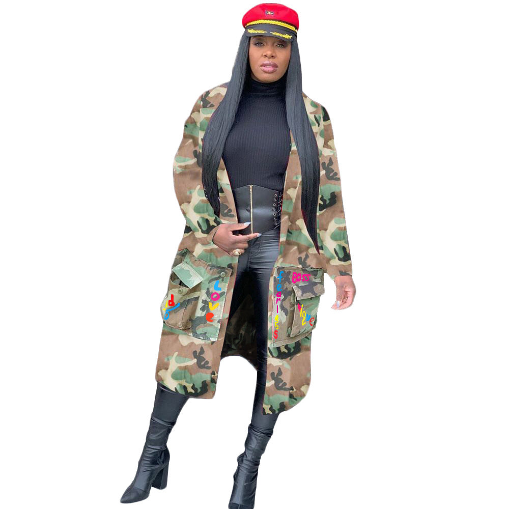 Women's Long Casual Fashion Camouflage Printed Patched Jacket 33